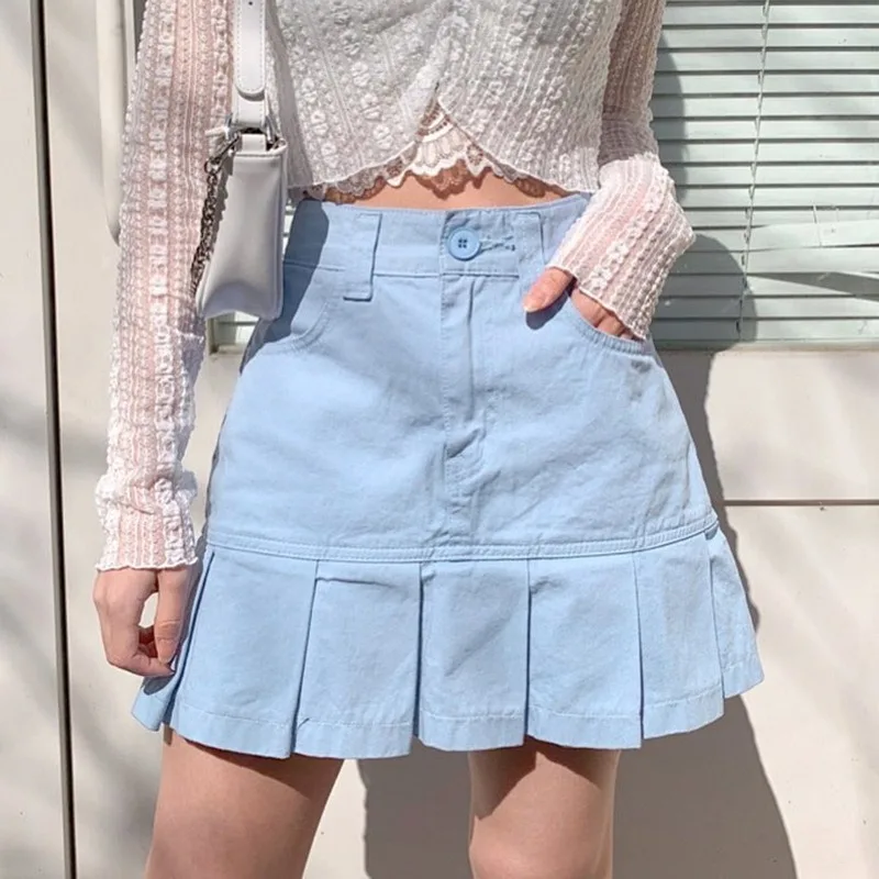 

2021 Summer Fashion Button Pure Cotton Sexy Pocket Pleated Skirts Black Blue Korean Mini Skirt Street Clothing Women's Skirts