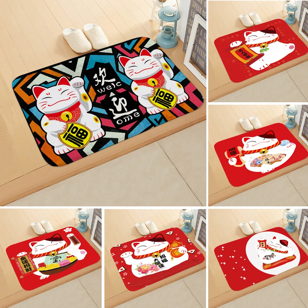 Симпатичные Lucky Cat дверной коврик анти скольжение впитывает воду для ванной