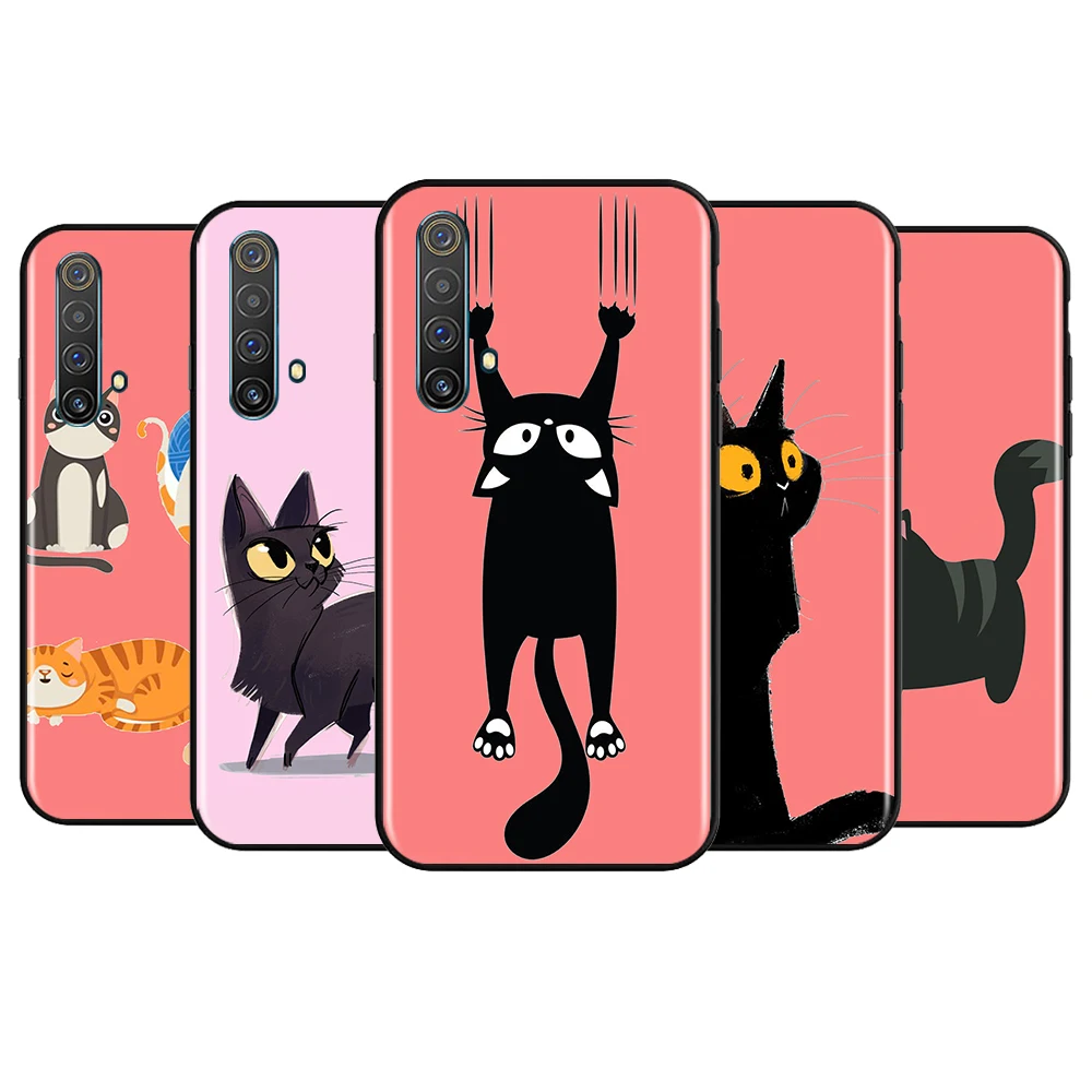 

Funny Cartoon Cute Black Cat For OPPO Realme 8 7 6s 6 5 3 2 Pro 5G Global V15 5 3 5G Silicone Black Soft Cover Phone Case