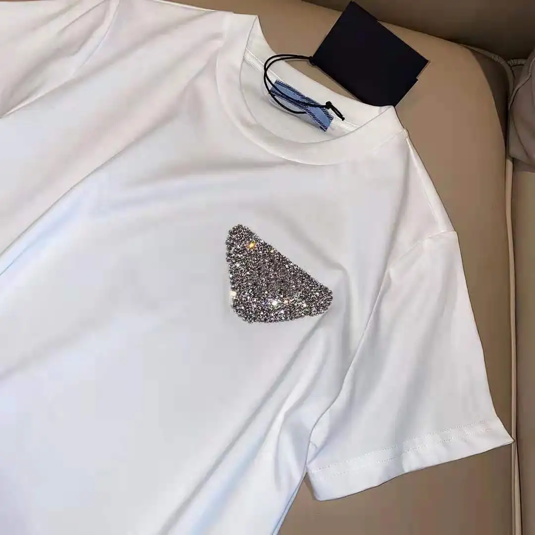 

High Quality Luxury Summer Women Fashion Round Neck Cotton Loose-fitting Short-sleeved Nail Drill Printing Tshirts Tops