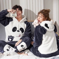 warm winter couple sleepwear cute cartoon pajamas sets hooded thicken unisex adult men women home clothes charistmas pyjama suit