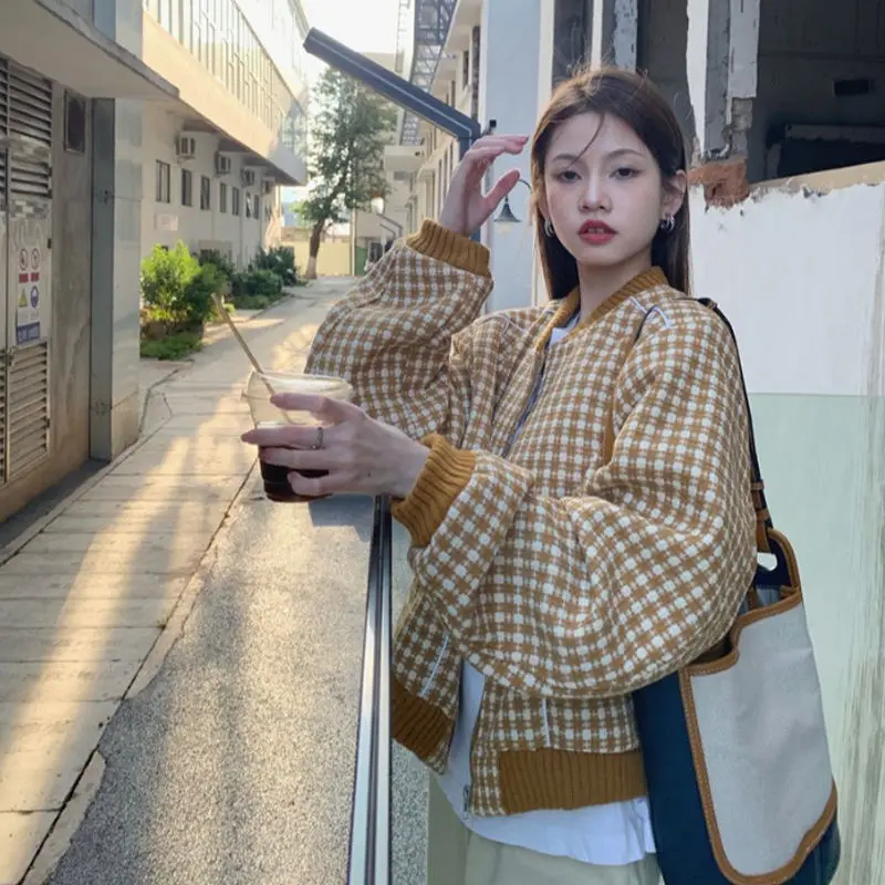 

Bomber Jacket Women Baseball Uniform Plaid Printed Versatile Loose American Autumn Coat Harajuku Streetwear Vintage Clothing