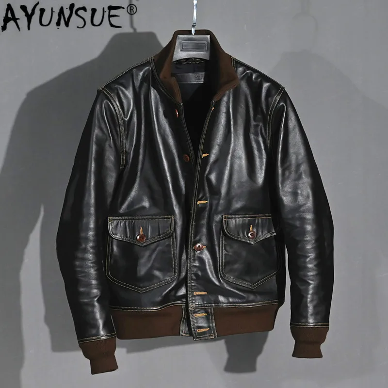 

Мужская кожаная куртка AYUNSUE, из натуральной коровьей кожи, винтажная куртка, куртка для весны и осени, KJ4713, 100%