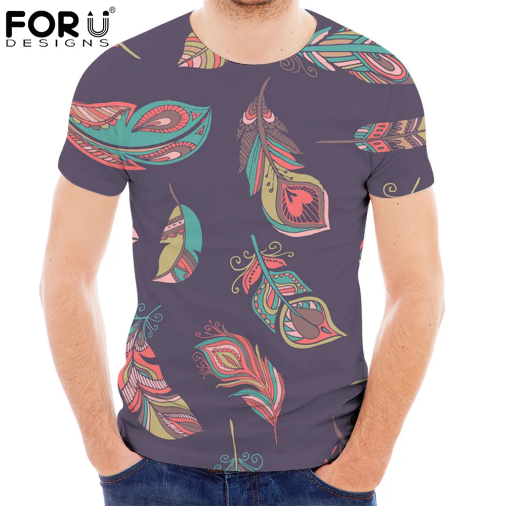 

FORUDESIGNS/Мужская богемная футболка с разноцветными перьями, уличная модная одежда, Свободный Топ с короткими рукавами