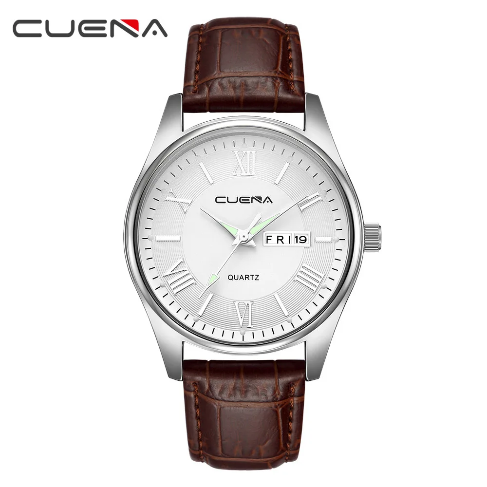 CUENA, мужские кожаные часы, кварцевые часы, модные, простой дизайн, для мужчин, 30 м, водонепроницаемые, простые, с календарем, часы, relogio masculino