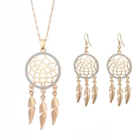 dreamcatcher pendant jewelry set for women gold long tassel leaves necklace drop earring statement jewellery party gifts 2021