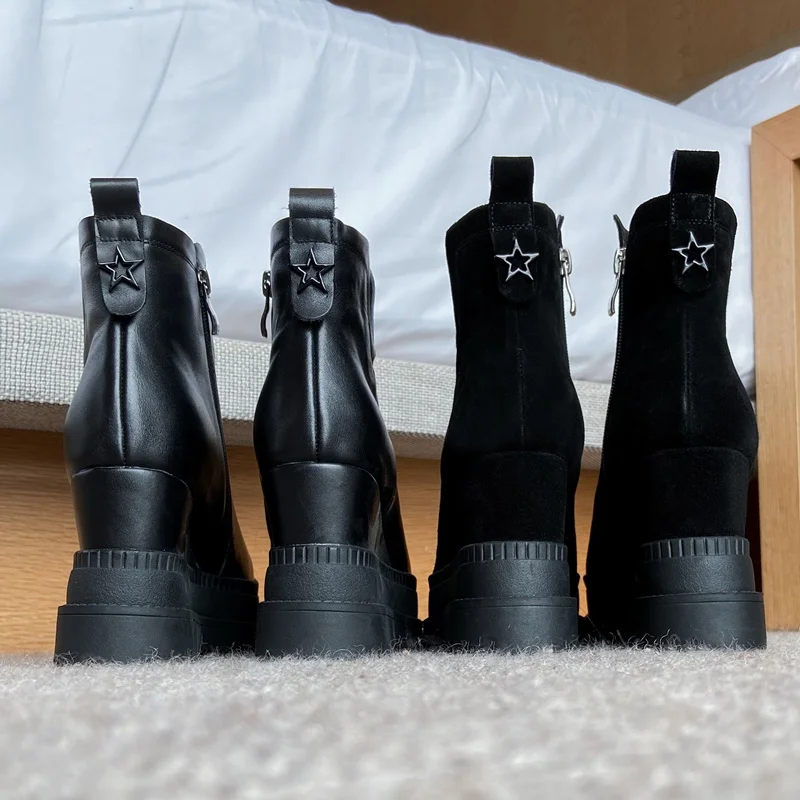 

EGONERY Women winter New Style Slope Heel ankle boots zipper Fashion Leisure Concise Round Toe Solid color Star decoration