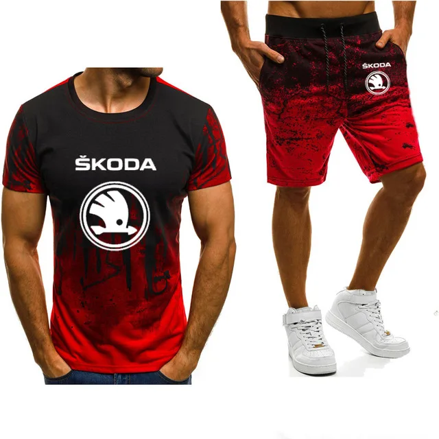 

New Summer Mens T-shirt and Shorts Suits Skoda Car Logo Printed Casual Gradient High Quality Men's T-Shirt Suit 2Pcs