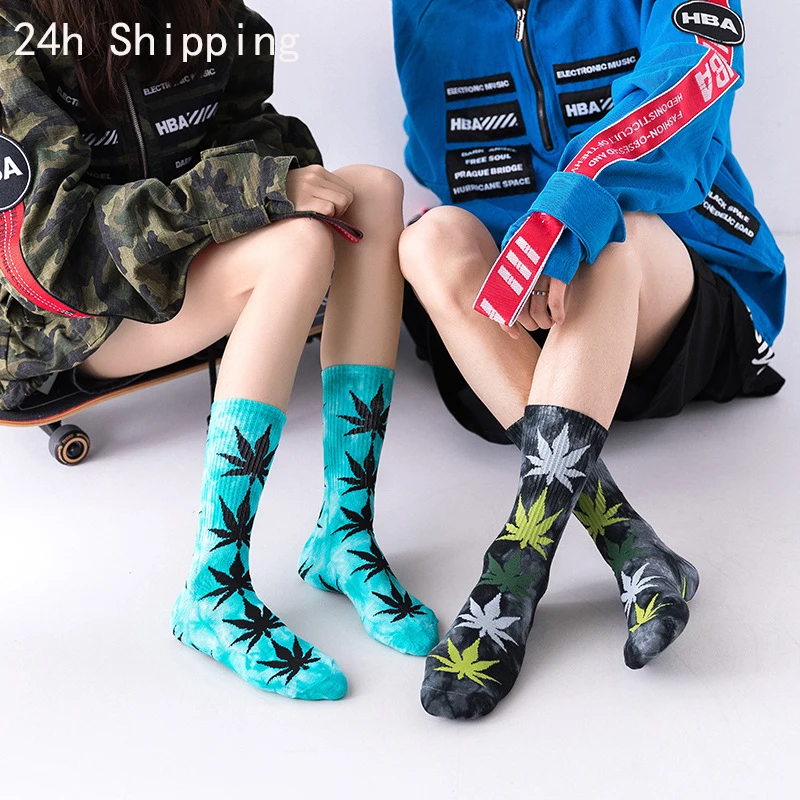 

Галстук-окрашенные кленовые носки раньше хлопковые Модные мужские и женские спортивные носки унисекс с листьями конопли для скейтборда