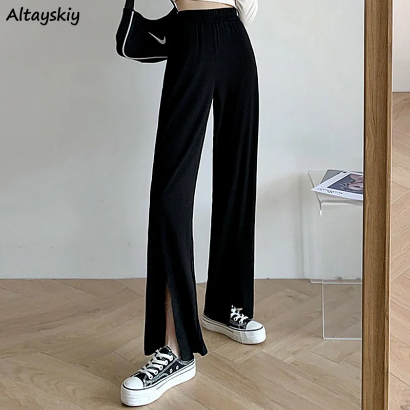 Брюки женские с разрезом модные базовые универсальные штаны завышенной талией