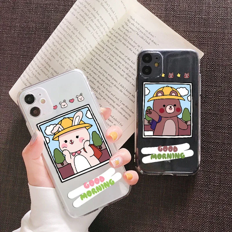 

Transparent cartoon couple cute bunny Phone Case For iPhone 12 7 6S Plus SE X Xs Max XR candy red Back Cover Cases