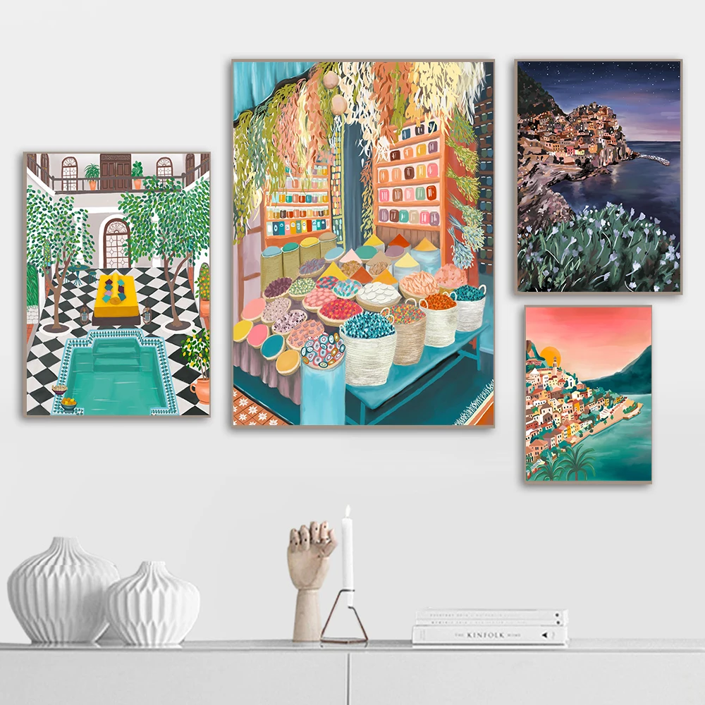 

Nordic Posters and Prints Trval City Landscape Wall Art Frameless Modern Home Room Decor Abstract Paintings for Living Room