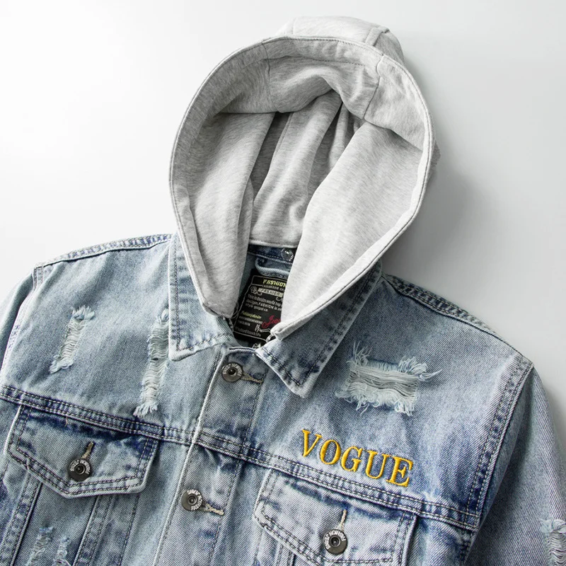 

Spring 2021 Hooded Ripped Hole Washed Denim Coat Men High Street Embroidered Single Breasted Cowboy Jacket Light Blue Outwear