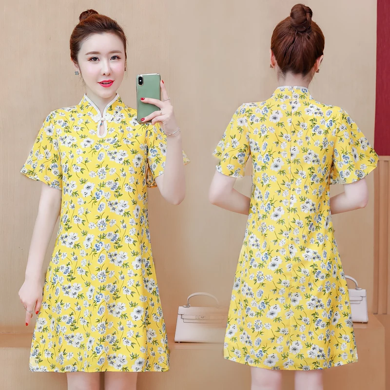 

LUKAXSIKAX 2020 New Summer Women Dress Plus Size M-4XL Sweet Yellow Floral Dress Vintage Chinese Style Cheongsam Dress