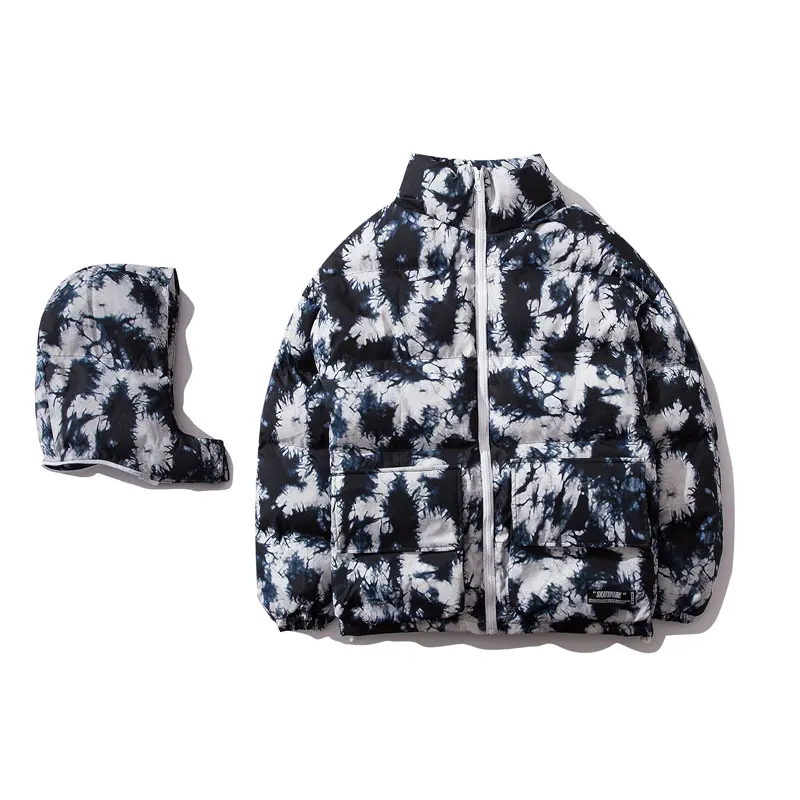 GONTHWID Tie Dye/толстая теплая парка со съемным капюшоном, куртки, хип-хоп хлопчатобумажные пуховики в повседневном стиле, парки, зимние пальто, уличная верхняя одежда - Цвет: Black