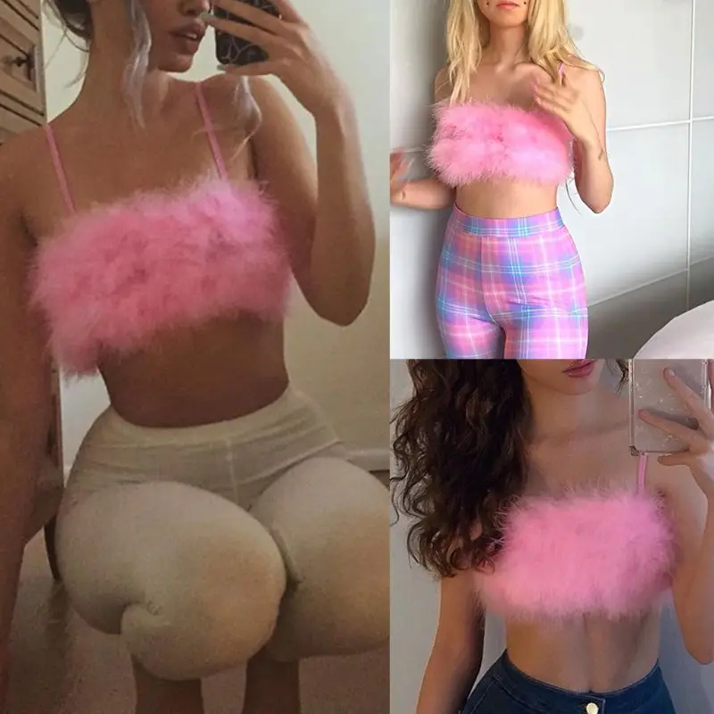 Женский пикантный укороченный топ без рукавов на тонких бретельках с перьями