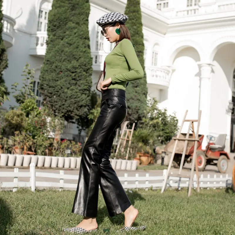 Новые женские брюки-клеш из натуральной кожи Приталенные брюки с высокой талией