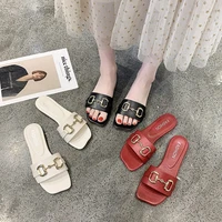2021 new summer cool and comfortable simple flat metal buckle square toe womens slippers