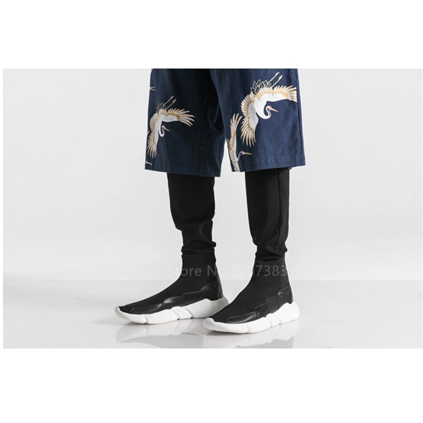 

5XL Asian Japanese Traditional Clothes Kimono Pants for Men Fake 2 Pieces Crane Print Loose Streetwear Fashion Wide Leg Trousers