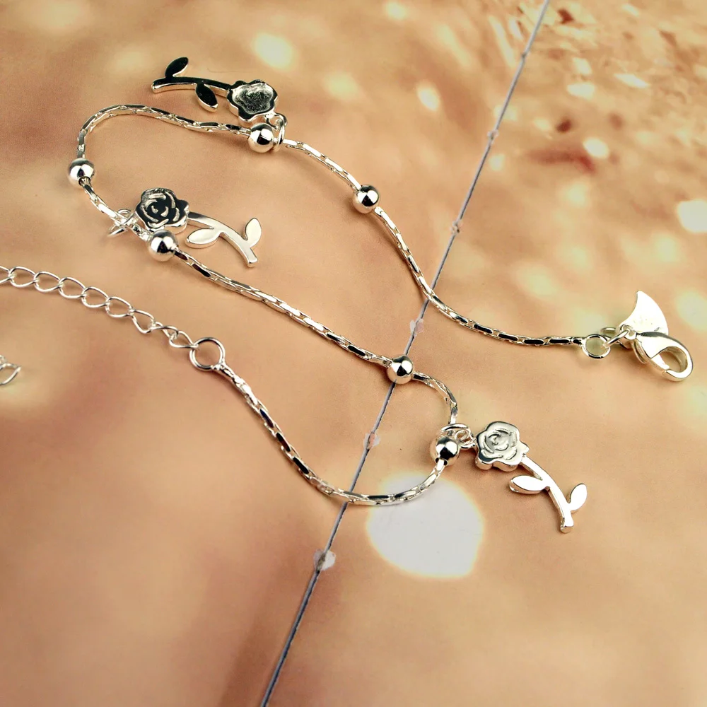 Браслеты на ногу из серебра 100% пробы с подвесками в виде роз|Анклеты| |