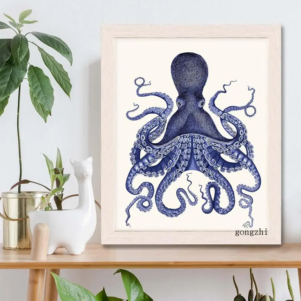 

Blue Octopus Vintage Poster Minimalist Marine Life Canvas Painting and Prints Nautical Wall Art Pictures for Bathroom Home Decor
