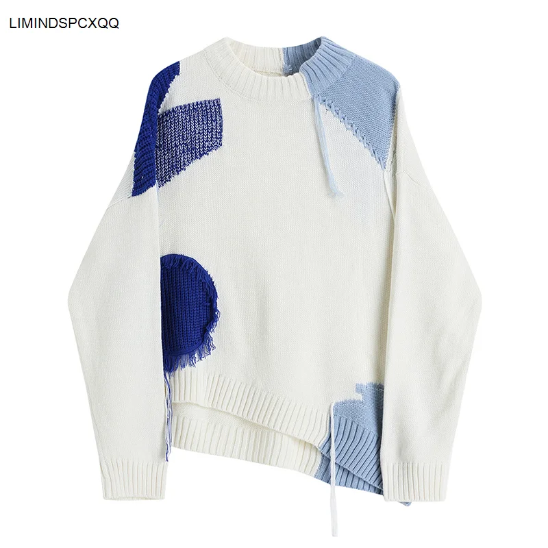 

Patchwork Women's Sweater Tassel Trendy Cropped Contrast Color Spliced Retro 2021 Streetwear Korean Rib Ins Knitwear Knitted Top