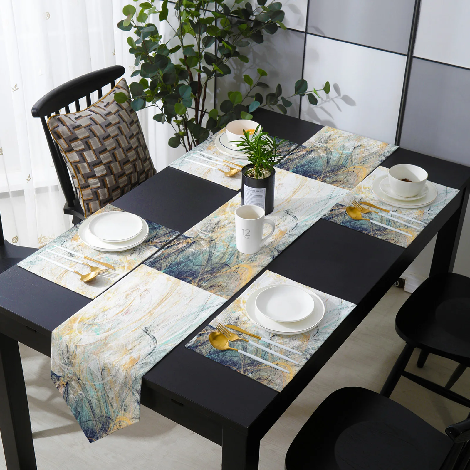 

Искусство линии Ретро Стиль потертый Whirlpool Настольная дорожка и набор столовых ковриков подкладок салфеток скатерть для современного дома ...