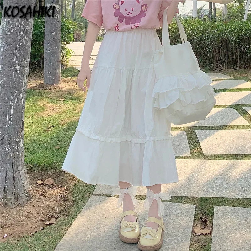 

KOSAHIKI Women High Waist Pleated Skirt Spring Autumn Casual Kawaii A-line White Skirts Japanese Preppy Style Long Skirts