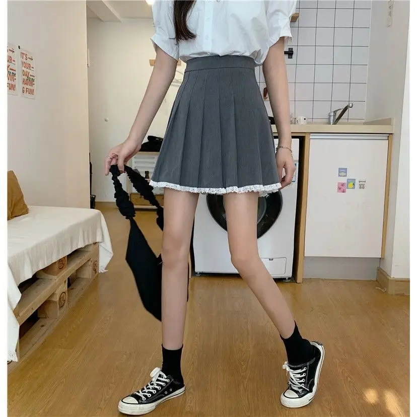 Юбка серая плиссированная юбка во французском ретро стиле с кружевным краем