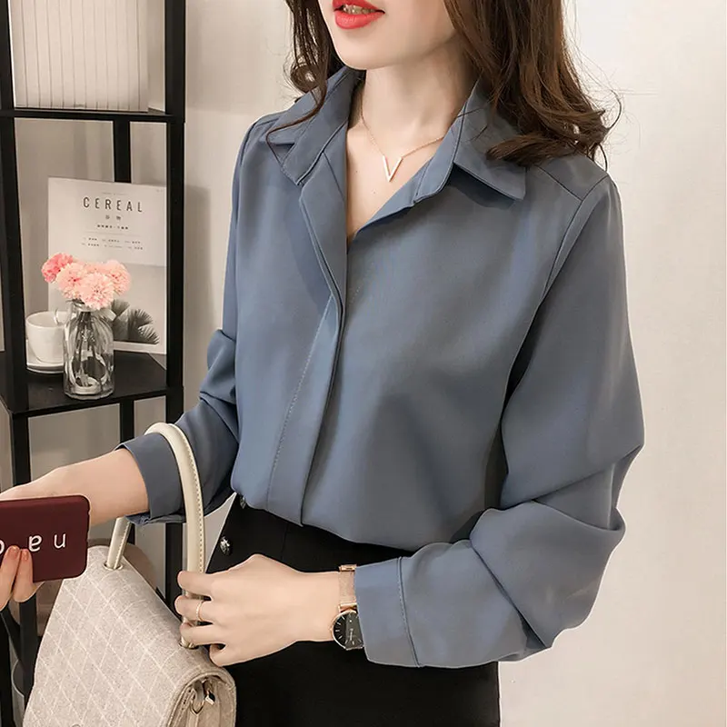 Блузка женская шифоновая с длинным рукавом и отложным воротником | Женская