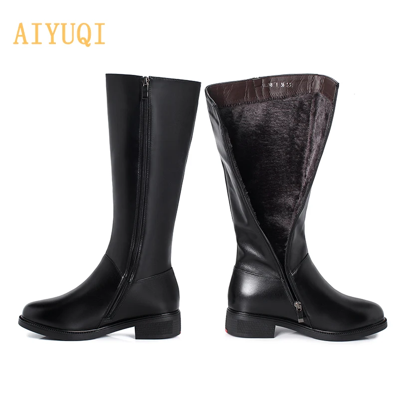 BIACK Fluff AIYUQI; Новинка года; женские зимние сапоги из натуральной кожи; большие размеры 41, 42, 43; шерстяные высокие сапоги; женские сапоги для верховой езды на молнии - Цвет: BIACK Fluff