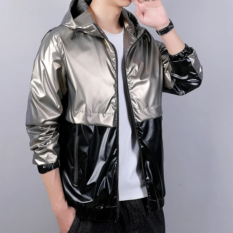

Spring and Autumn Gold/Silver/ Shinny Hip Hop Jacket Men Casual Spliced Hooded Coats Bomber Jacket Mens Punk Plus Size M-5XL