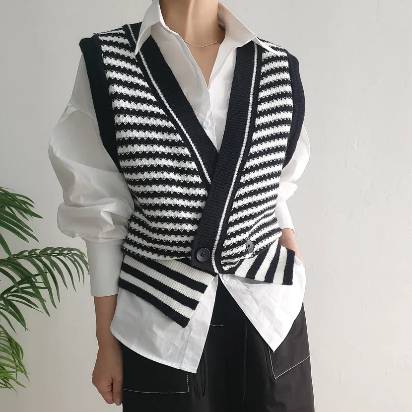 

SuperAen полосатый v-образный вырез вязаный свободный без рукавов повседневный Топ женский свитер жилеты