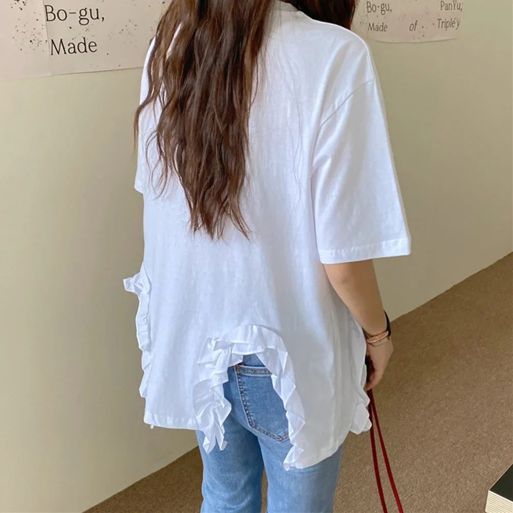 

Japanese Style Korean Fashion 2021 Summer New Irregular Irregular Fungus Split Fork T-Shirt Solid Color Round Neck Summer