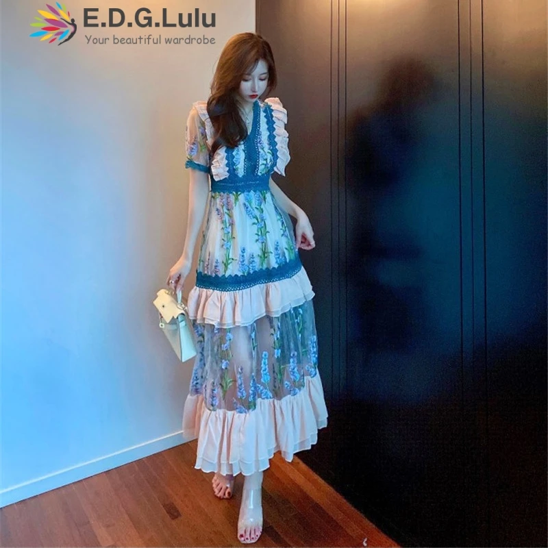 

EDGLuLu 2021 New Arrive High Quality V-neck Lace Patchwork Long Dress Short Sleeve Vintage Floral Embroidery Party Dress 0329