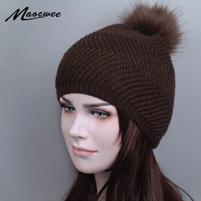 Оптовая продажа вязаная шапка из искусственного меха норки с помпонами шапочки