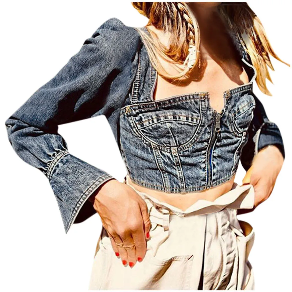 Женская Джинсовая блузка на молнии модная Зимняя Блузка с длинным рукавом и