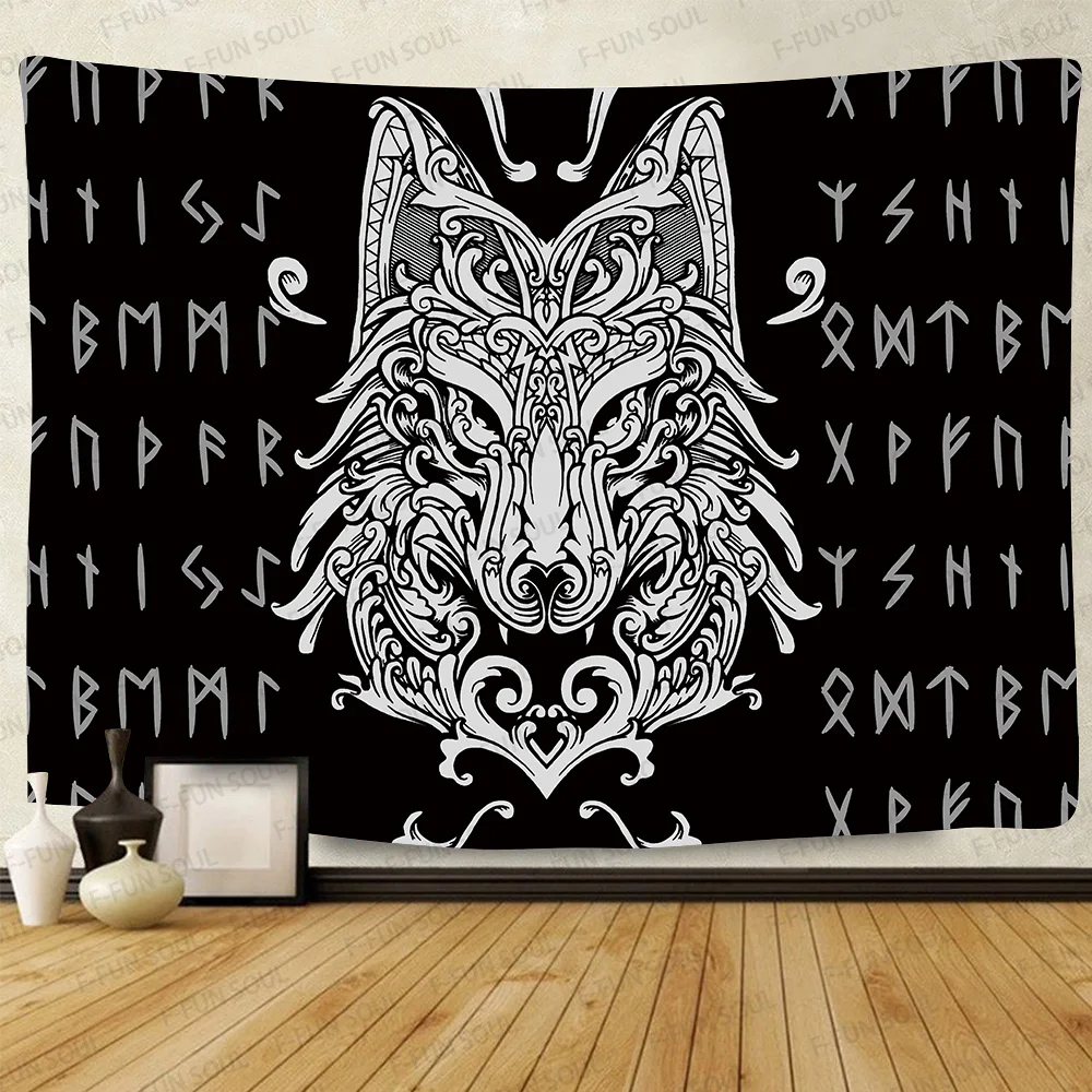 

Simsant Viking Raven Tapestry Mysterious Viking Meditation Psychedelic Runes Art Wall Hanging Tapestries for Living Room Decor