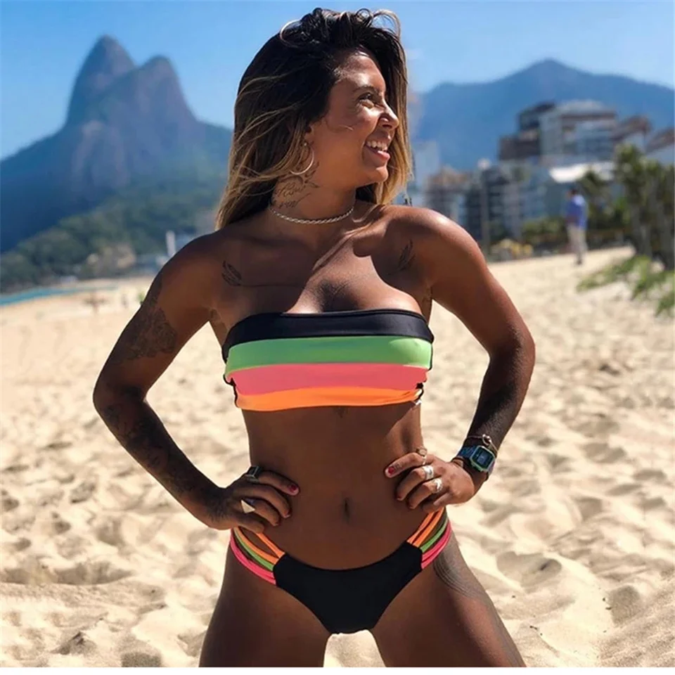 

Bandeau Bikinis Striped Swimsuit Backless Separate Swimwear Summer Beach Wear Quick Dry Brazilian Biquinis Female Bathing Suits