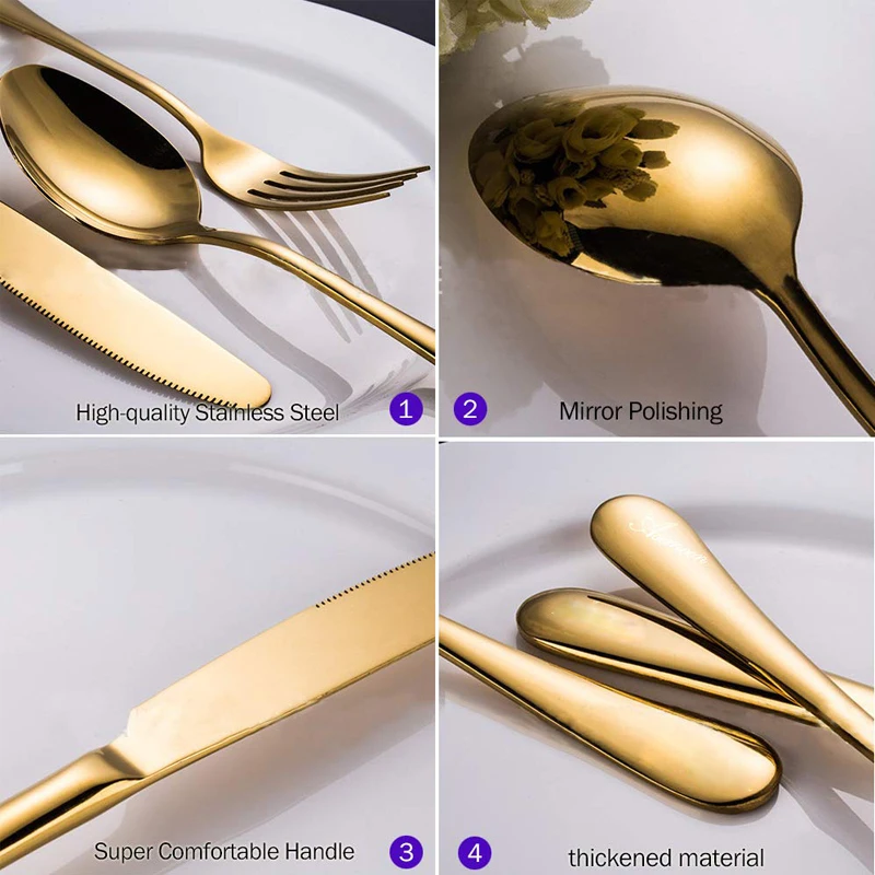 Золотые столовые приборы из нержавеющей стали ножи вилки набор чайных ложек