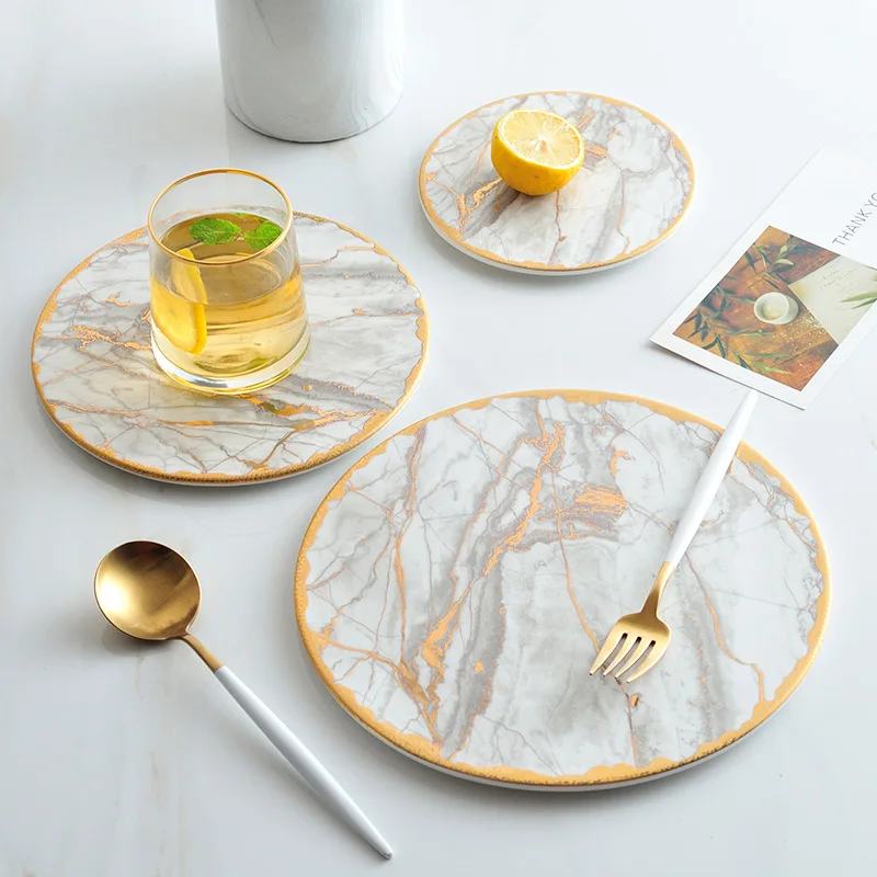 

Gold-plated Marbled Dinner Plate Ceramic Steak Pasta Plate Restaurant Hotel Tableware Household Fruit Salad Plate Art Decoration