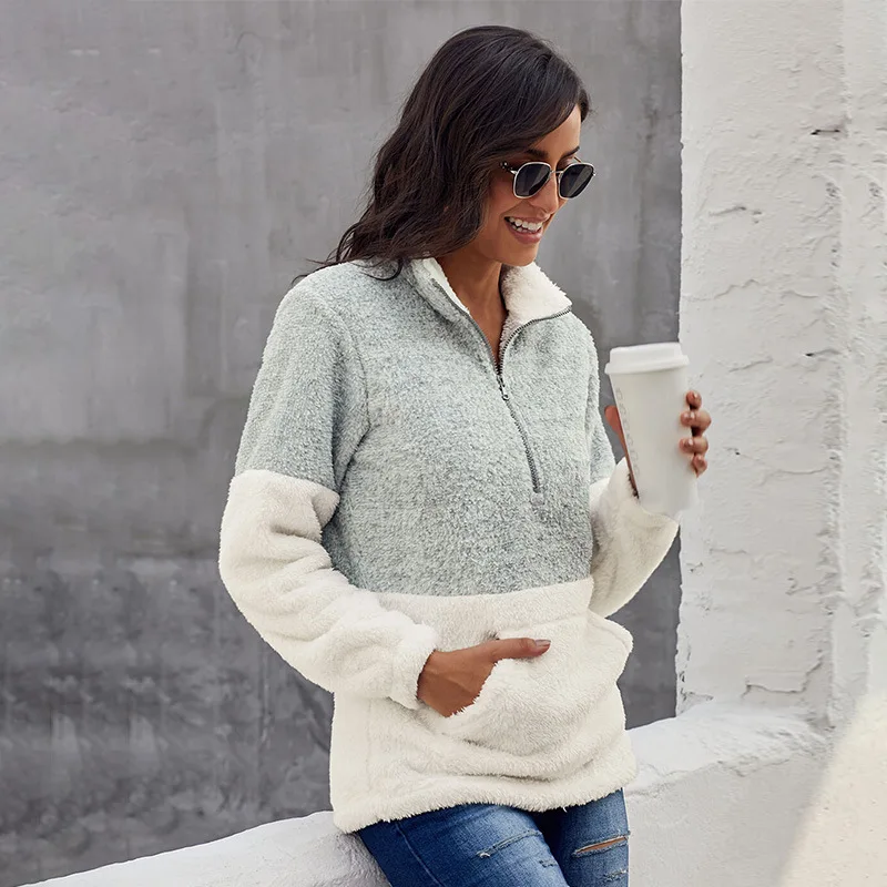 

New Women's Pullovers Casual Winter Fur Coat Women Clothes Zipper Patchwork Sweatshirt Female Pullover Warm Loose Pockets Jacket