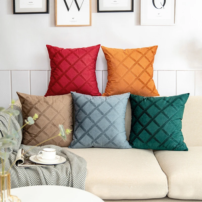 

Solid Color Holland Velvet Embossed Cushion Cover Geometric Wave Grid Gold Blocking Throw Pillow Case No Core GA