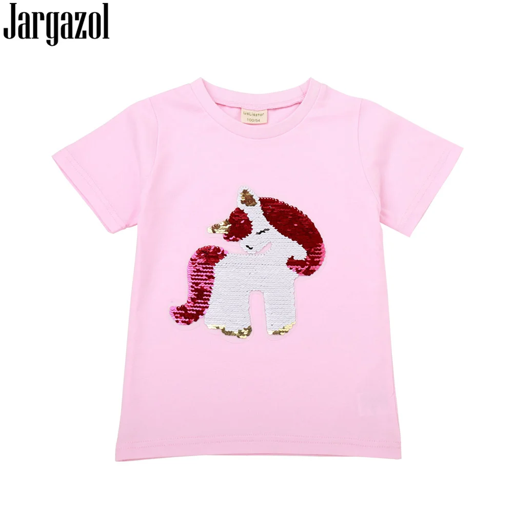 Jargazol/рубашки для маленьких мальчиков с единорогом и блестками Летняя футболка