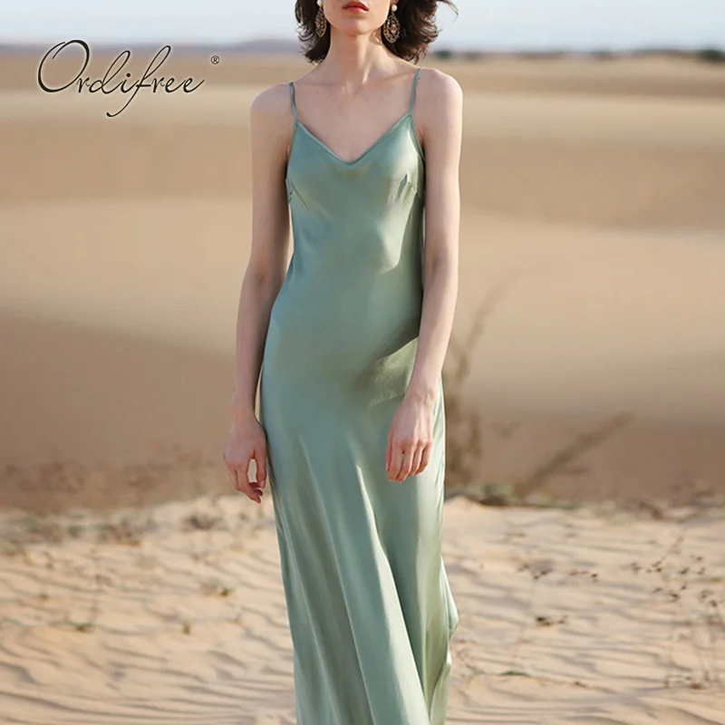 

Ordifree 2021 летнее женское атласное платье-комбинация платье в винтажном стиле без рукавов Спагетти ремень Длинные Сексуальные вечерние плать...