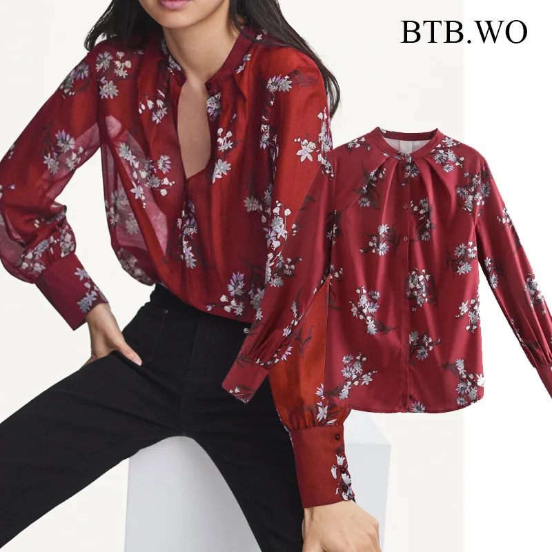 

BTB.WO Za Blouse Women Fashion Print Blouse England Style Turn Down Collar Long Sleeve Ladies Office Shirt Tops 2021