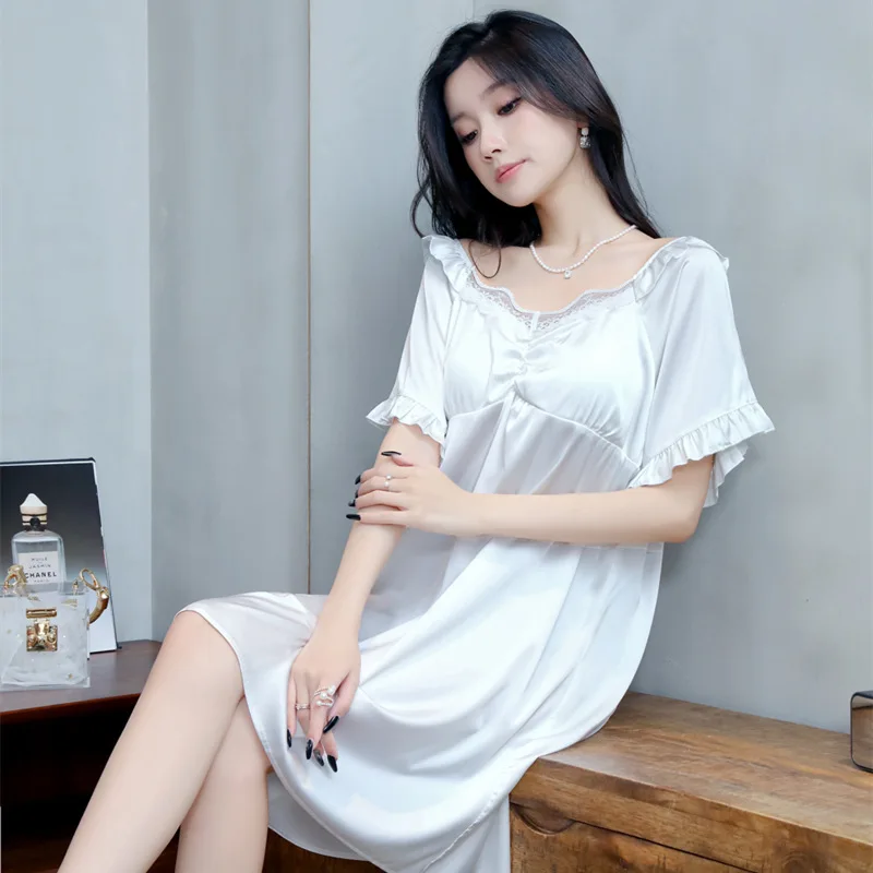 

Sweet Princess Solid Nightgown Satin Ice Silk Women Sleepwear Women Ruffle Short Sleeve Sleepshirts With Chest Pads Lounge Wear