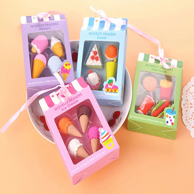 

4PCS Kawaii Creative Food Cake Eraser Christmas Children Gift Ice Cream Hamburger Lollipop Detachable Rubber Eraser Stationery