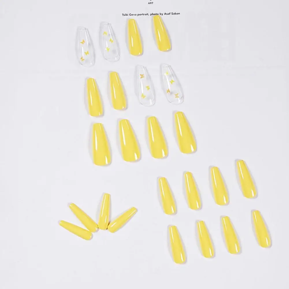 Yellow Butterfly Fake Nails Summer Elegant Press On Nail Manicure False Tips Long Coffin Cover Nails Artificial Full Z1D4