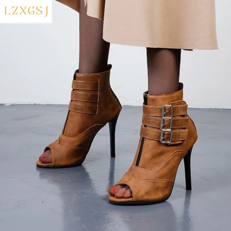 

Summer Fashion Women Shoes 2021 New Stiletto High Heel Fish Mouth Ankle Boots Leather Snake Buckles Zip Female Short Booties